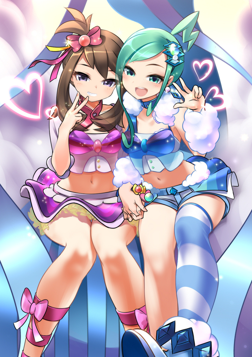 2girls, :d, aqua_eyes, aqua_hair, asymmetrical_hair, bangs, bare_shoulders, blue_camisole