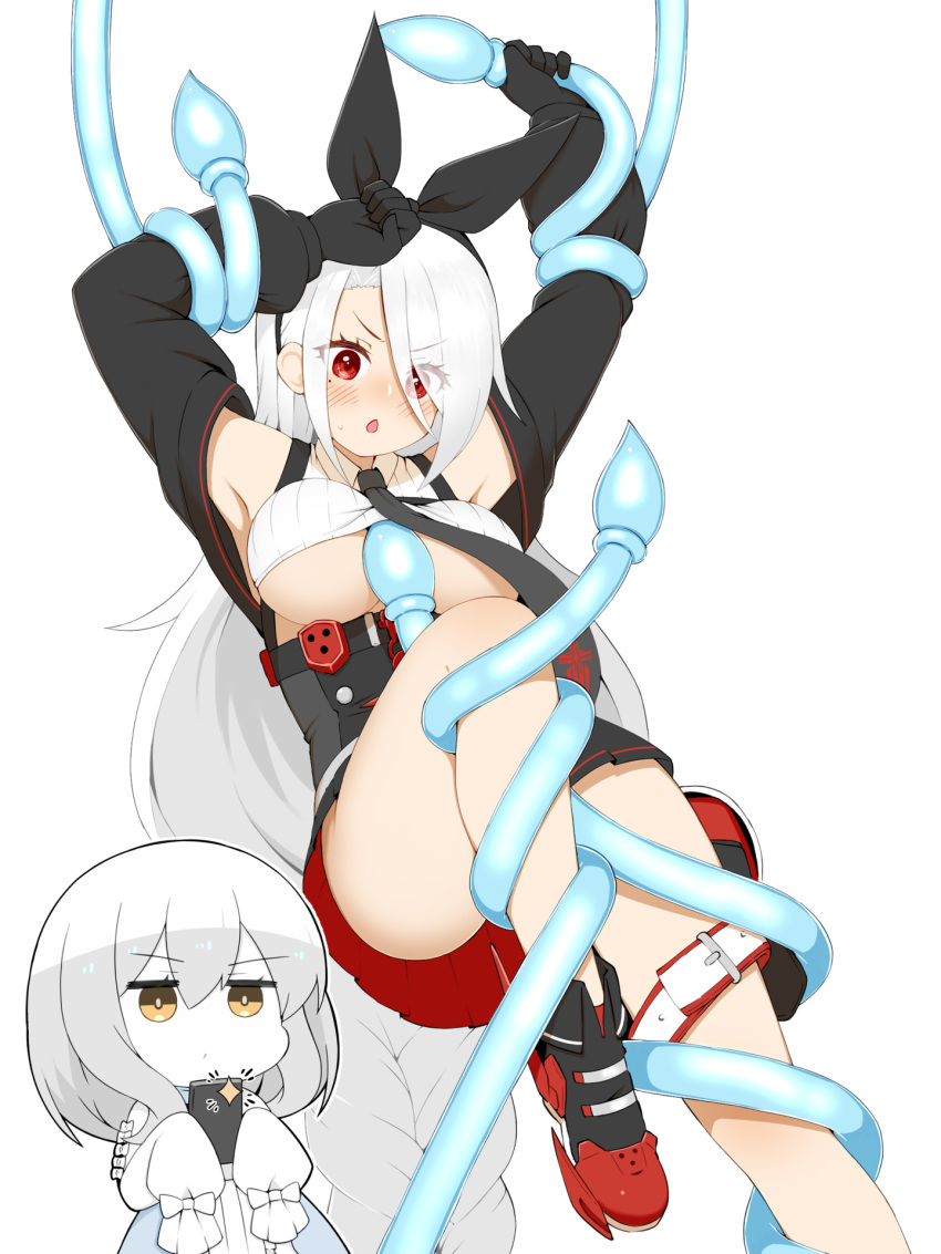 2girls, :o, absurdly_long_hair, armpits, arms_up, ass, azur_lane, bangs, bare_shoulders, belt_pouch, black_footwear, black_gloves, black_hairband, black_neckwear, black_skirt, black_sleeves, blush, breasts, cap105, cellphone, chibi, chibi_inset, clenched_hand, collared_shirt, colored_skin, commentary_request, compiler_(azur_lane), cowboy_shot, crop_top, detached_sleeves, dress, eyebrows_visible_through_hair, eyes_visible_through_hair, frilled_dress, frills, gloves, hair_between_eyes, hair_over_one_eye, hairband, high-waist_skirt, highres, holding, holding_phone, large_breasts, leg_belt, long_hair, long_sleeves, medium_hair, mole, mole_under_eye, multiple_girls, necktie, open_mouth, pale_skin, parted_bangs, phone, pleated_skirt, pouch, prinz_heinrich_(azur_lane), puffy_long_sleeves, puffy_sleeves, red_eyes, restrained, ribbed_shirt, rudder_footwear, shirt, sidelocks, simple_background, siren_(azur_lane), skirt, sleeves_past_fingers, sleeves_past_wrists, smartphone, solo_focus, standing, standing_on_one_leg, sweat, taking_picture, tentacles, under_boob, very_long_hair, very_long_sleeves, white_background, white_dress, white_hair, white_shirt, white_skin, yellow_eyes