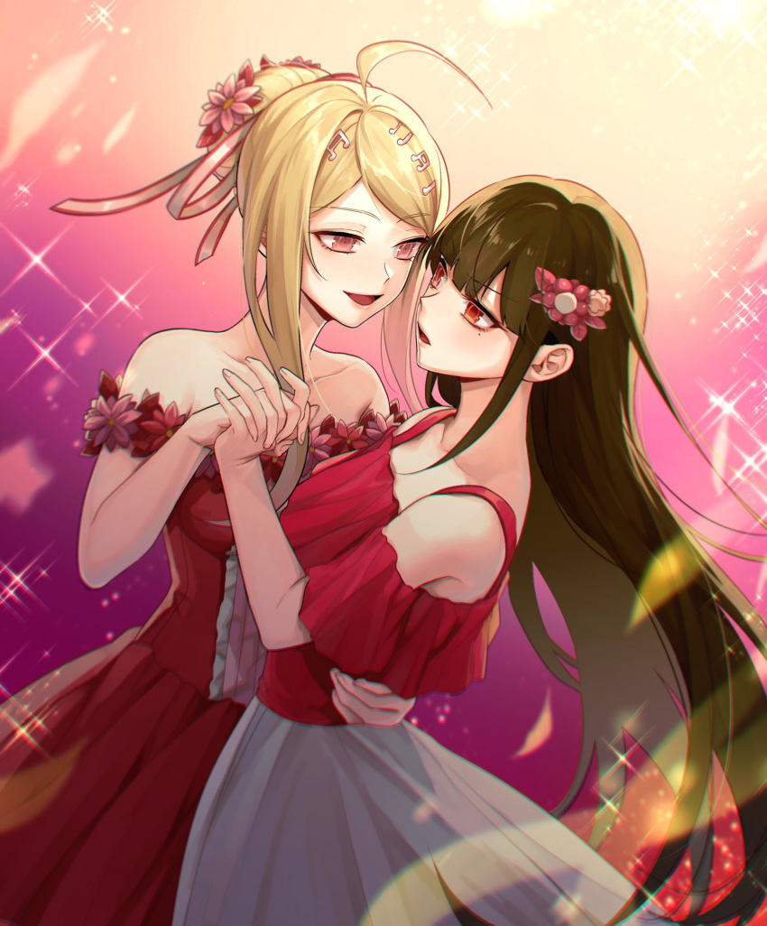2girls, :d, ahoge, akamatsu_kaede, alternate_hairstyle, arm_around_waist, bagns, bangs