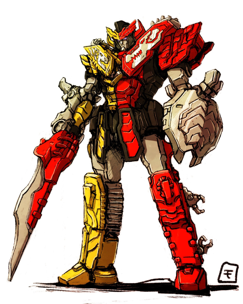 arm_blade, blue_eyes, highres, horns, kikai_sentai_zenkaiger, looking_down, mecha, moyan, no_humans, procreate_(medium), science_fiction, shield, solo, standing, super_robot, super_sentai, tokusatsu, v-fin, weapon, white_background, zenkaioh_juragaon