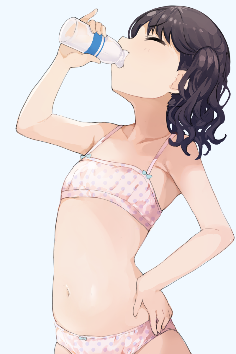 1girl, bare_arms, bare_shoulders, black_hair, blue_background, bottle, bow, bow_bra