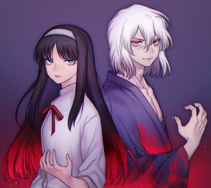 1boy, 1girl, bangs, black_hair, blood, bloody_clothes, blouse, blue_eyes