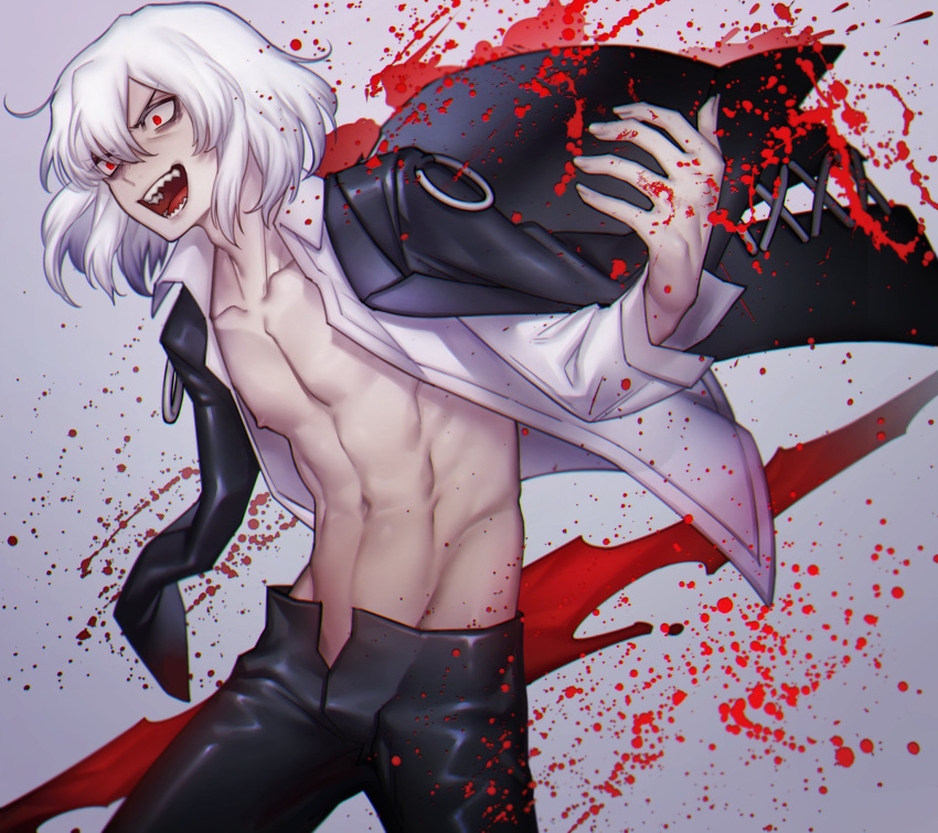 1boy, :d, abs, bangs, black_jacket, black_pants, blood, blood_splatter