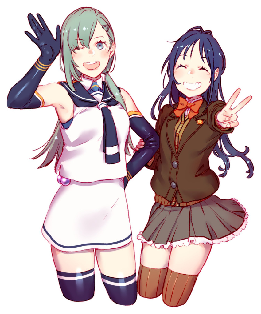 2girls, aqua_eyes, aqua_hair, black_legwear, black_neckwear, black_sailor_collar, blazer, blue_hair