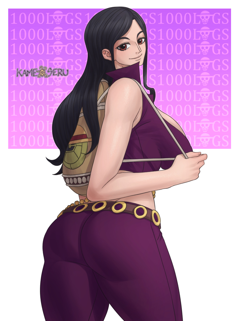 1girl, artist_name, ass, backpack, bag, bare_arms, bare_shoulders, belt, black_hair, breasts, brown_eyes, huge_breasts, kameseru, large_breasts, long_hair, looking_at_viewer, looking_back, nico_robin, one_piece, pants, purple_pants, sleeveless, smile, solo