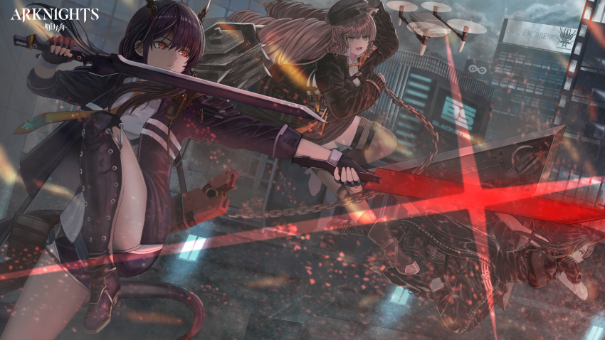 3girls, absurdres, animal_ears, arknights, bangs, bare_shoulders, black_headwear, black_jacket