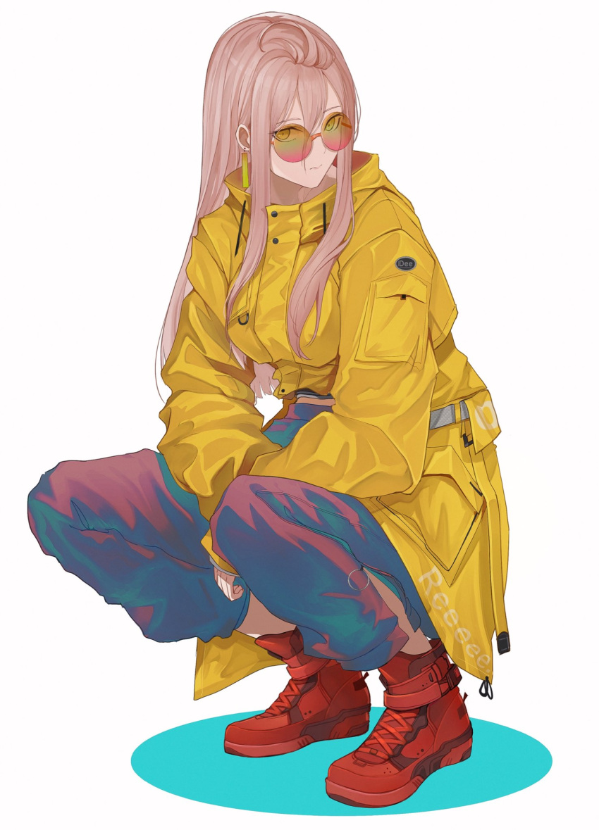 1girl, black_pants, brown_eyes, closed_mouth, commentary_request, earrings, expressionless, full_body, hair_between_eyes, head_tilt, highres, jacket, jewelry, light_box, long_hair, long_sleeves, looking_at_viewer, marumoru, original, pants, red_footwear, shoes, sidelocks, simple_background, sleeves_past_fingers, sleeves_past_wrists, sneakers, squatting, straight_hair, sunglasses, white_background, yellow_jacket