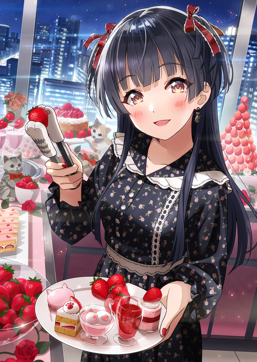 1girl, :d, animal, bangs, black_dress, black_hair, blunt_bangs, blush