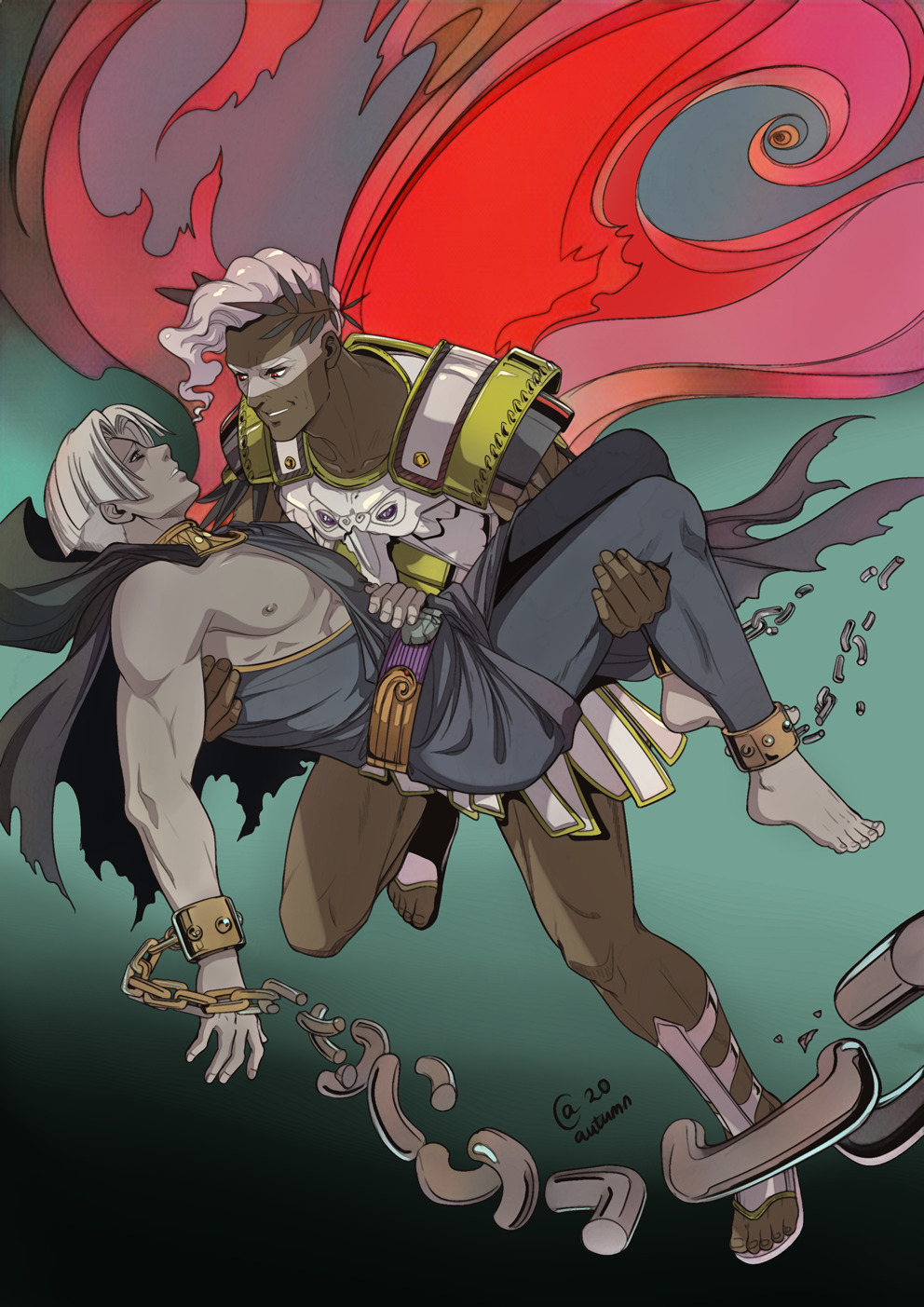 2boys, ares_(hades), belt, broken, broken_chain, cape, carrying, chain