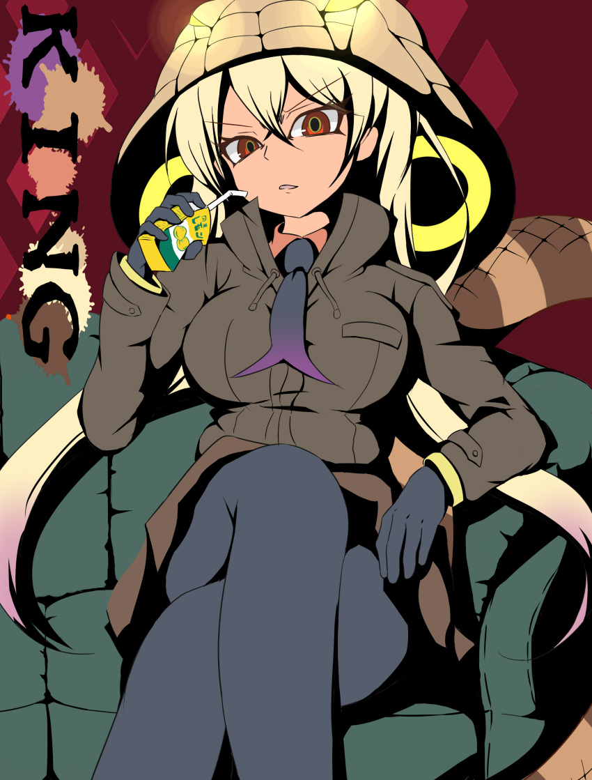 1girl, absurdres, arm_rest, black_legwear, blonde_hair, brown_jacket, couch, crossed_legs