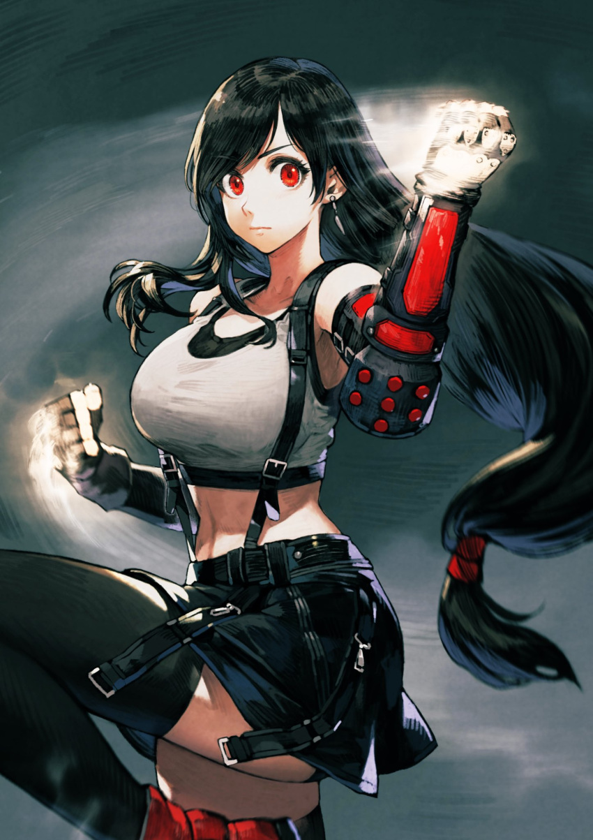 1girl, arm_guards, black_hair, black_skirt, breasts, commentary_request, crop_top, earrings