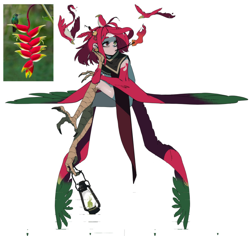 1girl, bbizim03, bird, bird_of_paradise, burning, earrings, english_commentary, fire