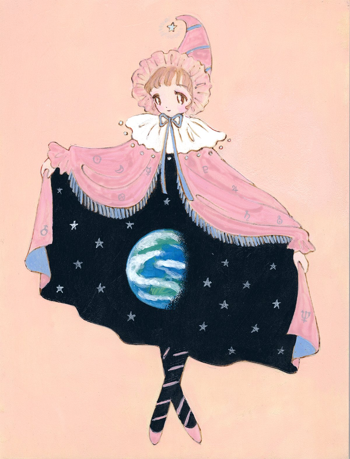 1girl, bangs, blonde_hair, blue_ribbon, blush, brown_eyes, cape, comcomblue