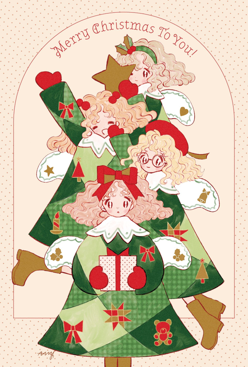 4girls, arm_up, blonde_hair, boots, bow, brown_footwear, closed_eyes, comcomblue