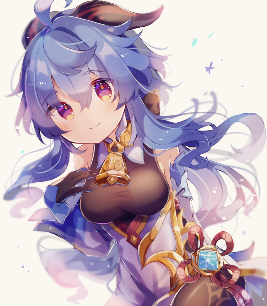 1girl, ahoge, bangs, bare_shoulders, bell, black_gloves, blue_hair, blush