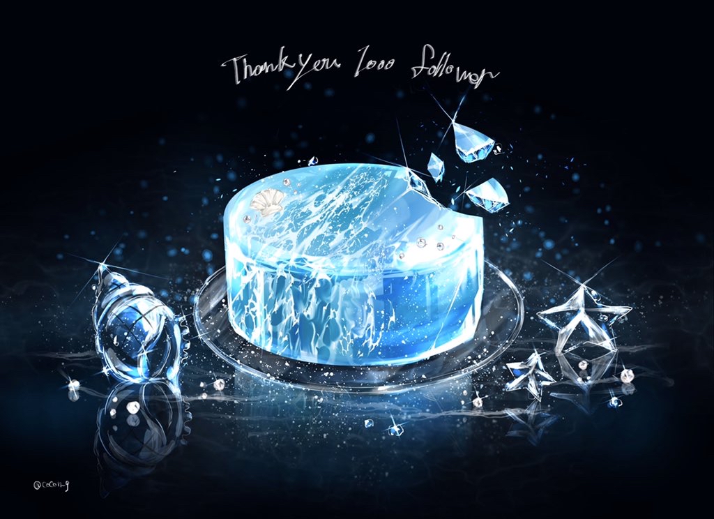 artist_name, black_background, cake, cocon_(cocon_q), commentary_request, food, glass, glint, gradient, gradient_background, light_particles, milestone_celebration, no_humans, original, plate, reflection, seashell, shattering, shell, shiny, signature, simple_background, star_(symbol), still_life, twitter_username, water, water_drop
