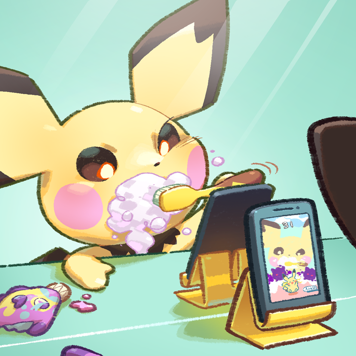 black_eyes, bright_pupils, brushing_teeth, cellphone, gen_2_pokemon, mirror, no_humans, phone, phone_stand, pichu, pockypalooza, pokemon, pokemon_smile, smartphone, solo, toothpaste