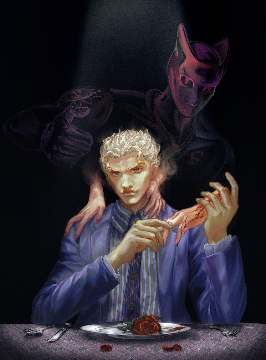 1boy, absurdres, black_background, blonde_hair, blood, bloody_hands, closed_mouth, collared_shirt