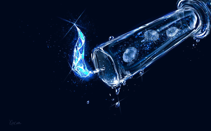artist_name, blue_background, blue_fire, blue_theme, bubble, candle, cocon_(cocon_q), commentary_request, fire, glint, highres, jellyfish, light_particles, no_humans, original, shiny, signature, simple_background, water, water_drop