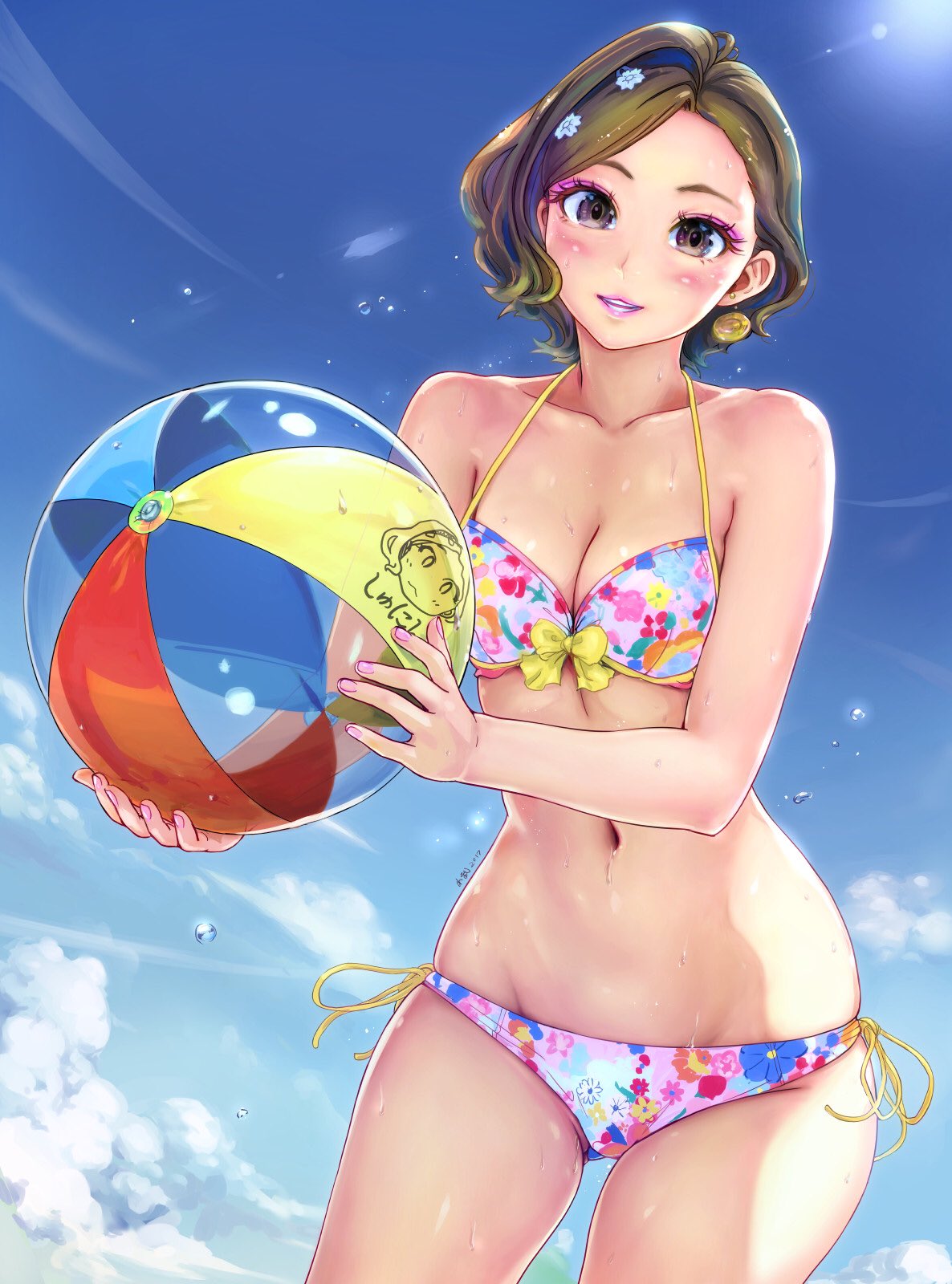 1girl, artist_name, ball, beachball, bikini, blue_sky, bow, bow_bikini