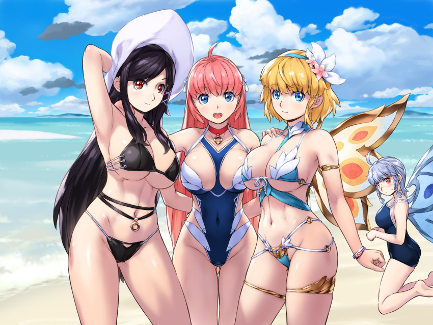 4girls, ahoge, aria_(sennen_sensou_aigis), arm_behind_head, armpits, barefoot, beach, bikini
