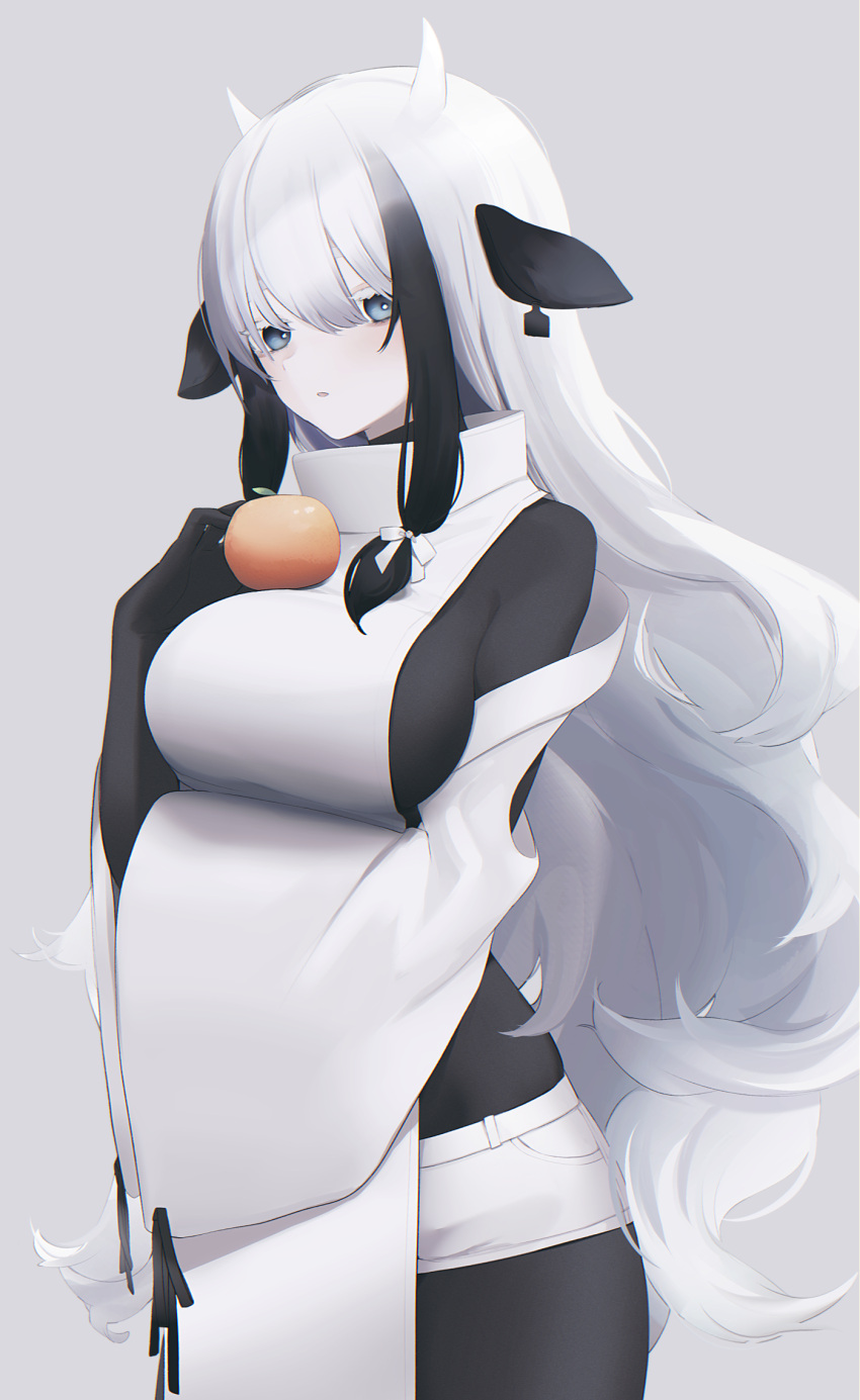 1girl, animal_ears, black_hair, blue_eyes, blush, bodystocking, breasts, bright_pupils, cow_ears, cow_girl, cow_horns, ear_clip, food, fruit, gradient_hair, grey_background, hair_between_eyes, hand_up, highres, horns, large_breasts, long_hair, long_sleeves, looking_at_viewer, mandarin_orange, migihidari_(puwako), multicolored_hair, oppai_mochi, original, pale_skin, parted_lips, short_shorts, shorts, simple_background, solo, streaked_hair, very_long_hair, white_hair, white_pupils, white_shorts, wide_sleeves