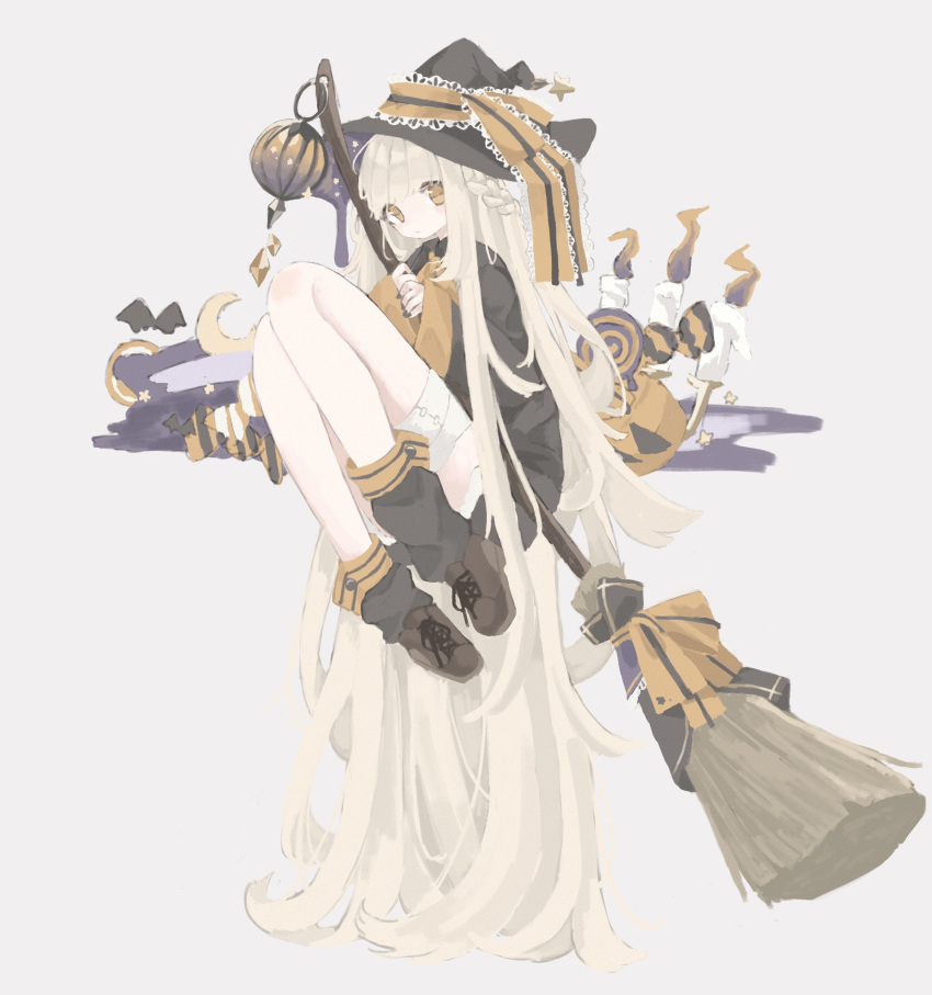 1girl, absurdly_long_hair, black_headwear, black_nails, blonde_hair, broom, brown_footwear, candle