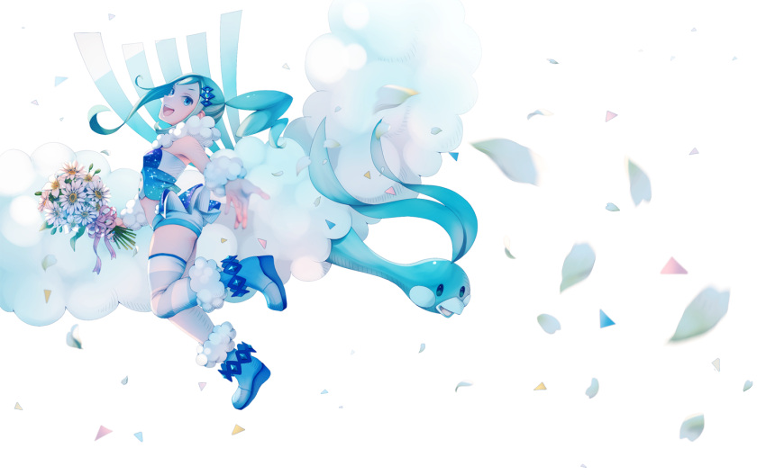 1girl, altaria, asymmetrical_hair, blue_footwear, boots, commentary_request, floating_hair, flower, gen_3_pokemon, green_hair, hair_ornament, holding, lisia_(pokemon), long_hair, mofge, open_mouth, petals, pokemon, pokemon_(creature), pokemon_(game), pokemon_oras, shorts, sidelocks, single_thighhigh, smile, striped, striped_legwear, thigh-highs, white_flower