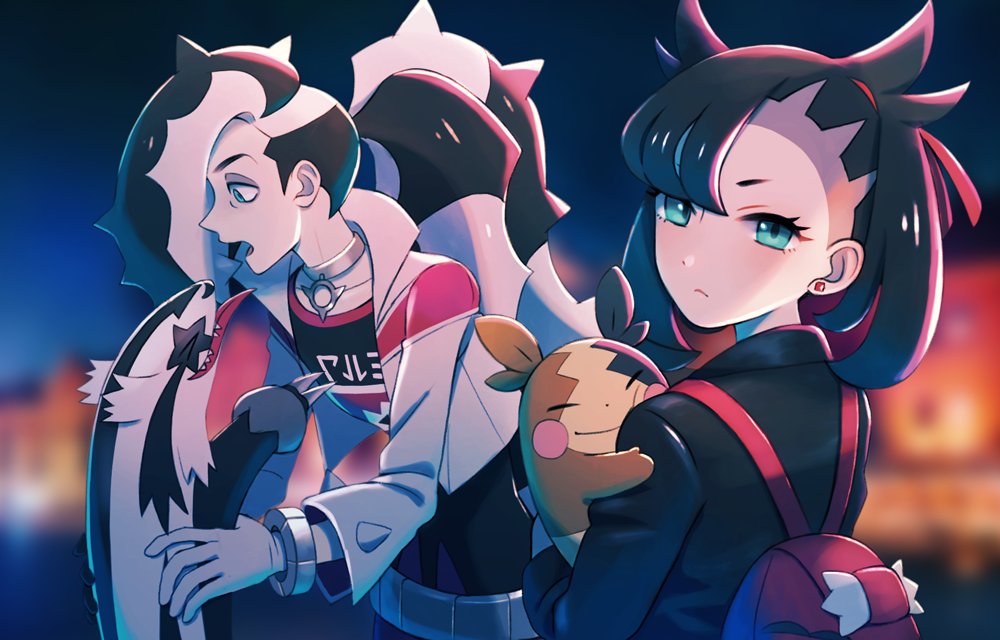 1boy, 1girl, asymmetrical_bangs, backpack, bag, bangs, belt, black_hair, black_jacket, blurry, blurry_background, bracelet, brother_and_sister, closed_mouth, commentary_request, cropped_jacket, earrings, eyelashes, eyeshadow, galarian_form, galarian_linoone, gen_8_pokemon, green_eyes, gym_leader, hair_ribbon, jacket, jewelry, long_hair, looking_back, makeup, marnie_(pokemon), mofge, morpeko, morpeko_(full), multicolored_hair, open_mouth, piers_(pokemon), pokemon, pokemon_(creature), pokemon_(game), pokemon_swsh, red_ribbon, ribbon, siblings, two-tone_hair, white_jacket