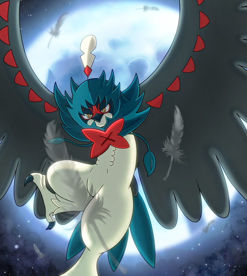absurdres, bird, commentary_request, decidueye, feathers, from_below, gen_7_pokemon, half-closed_eyes