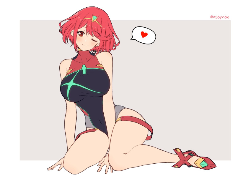 1girl, breasts, heart, highres, large_breasts, mochimochi_(xseynao), one-piece_swimsuit, pyra_(xenoblade), red_eyes, redhead, simple_background, solo, swimsuit, white_background, xenoblade_chronicles_(series), xenoblade_chronicles_2