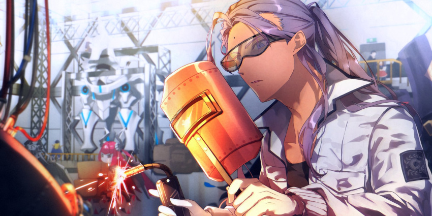 3boys, 3girls, alternate_costume, avicebron_(fate), bangs, chen_gong_(fate), elizabeth_bathory_(fate)_(all), facial_mark, fate/grand_order, fate_(series), forehead_mark, highres, holding, leonardo_da_vinci_(fate/grand_order), mecha, mecha_eli-chan, multiple_boys, multiple_girls, ponytail, purple_hair, sherlock_holmes_(fate/grand_order), tia_(cocorosso), welding_goggles, welding_mask, welding_torch