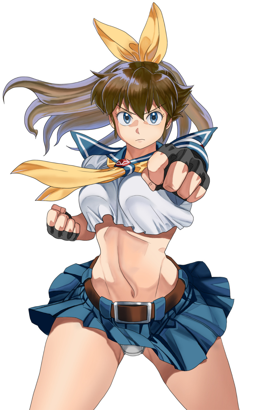1girl, belt, black_gloves, blue_eyes, blue_sailor_collar, blue_skirt, bow, breasts, brown_belt, brown_hair, clenched_hands, cowboy_shot, crop_top, fingerless_gloves, fingernails, gloves, grey_panties, hair_ribbon, highres, looking_at_viewer, m.u.g.e.n, medium_breasts, miniskirt, mugen_ryuko, navel, oggy_(oggyoggy), original, panties, pantyshot, pleated_skirt, ponytail, punching, ribbon, sailor_collar, school_uniform, serafuku, serious, skirt, solo, standing, thighs, toned, transparent_background, underwear, wind, wind_lift, yellow_bow, yellow_ribbon