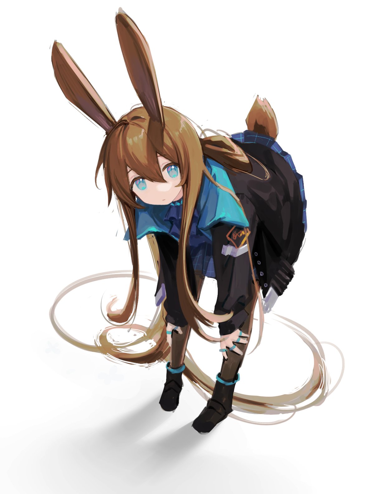 1girl, amiya_(arknights), animal_ears, arknights, bangs, black_footwear, black_jacket, blue_eyes