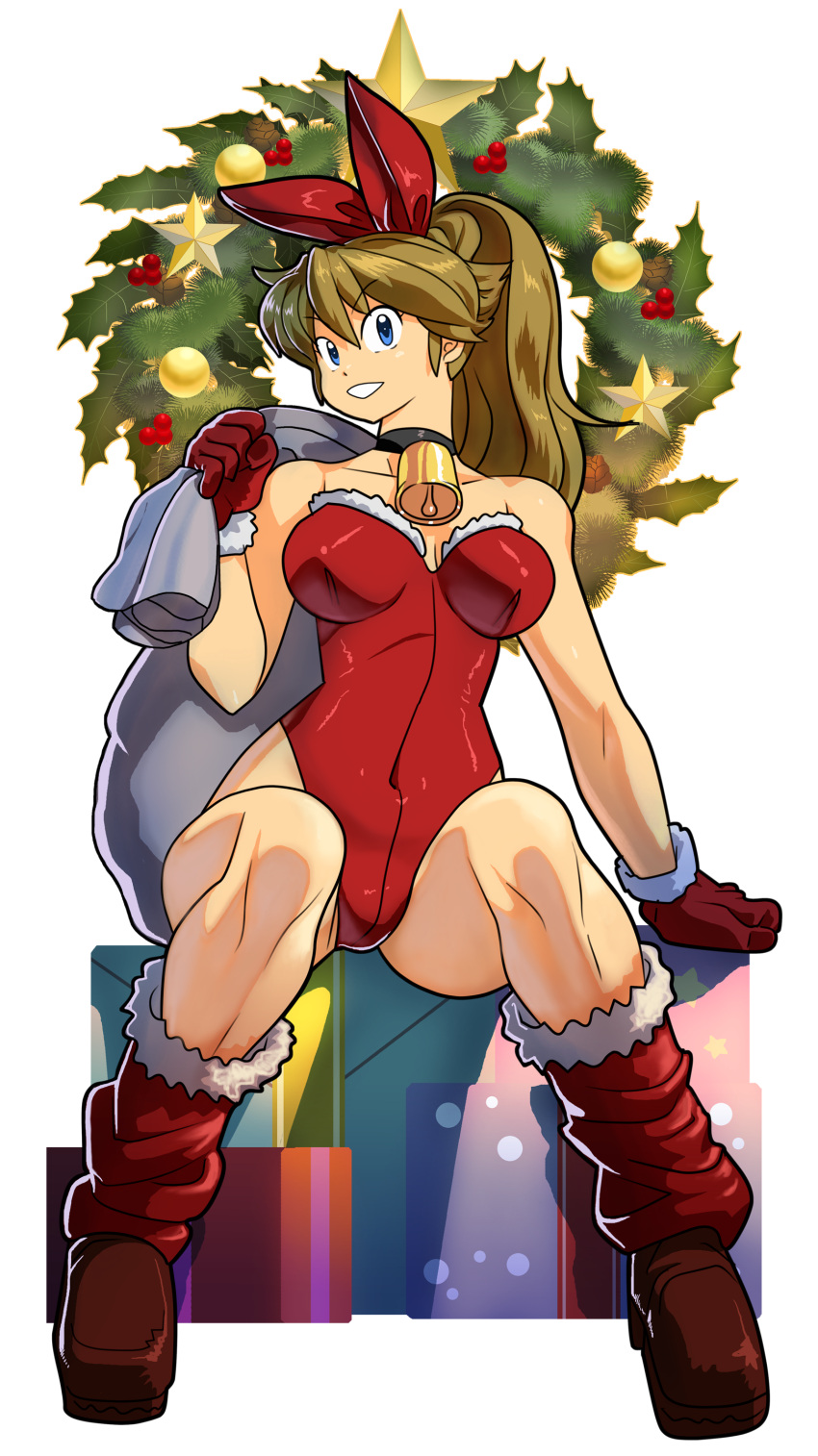 1girl, absurdres, bell, bell_choker, blue_eyes, boots, box, breasts