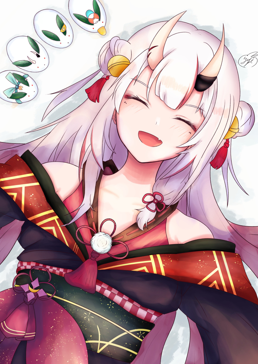 1girl, absurdres, bangs, bare_shoulders, bell, blush, closed_eyes, commentary_request
