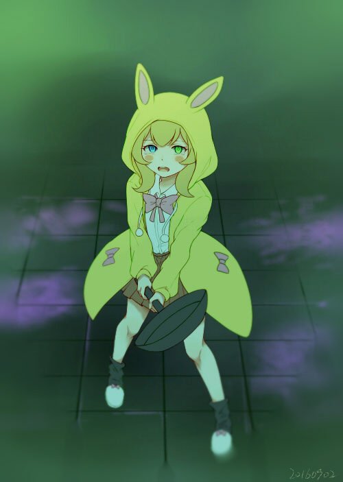1girl, animal_hood, bangs, blush, blush_stickers, bow, brown_skirt, bunny_hood