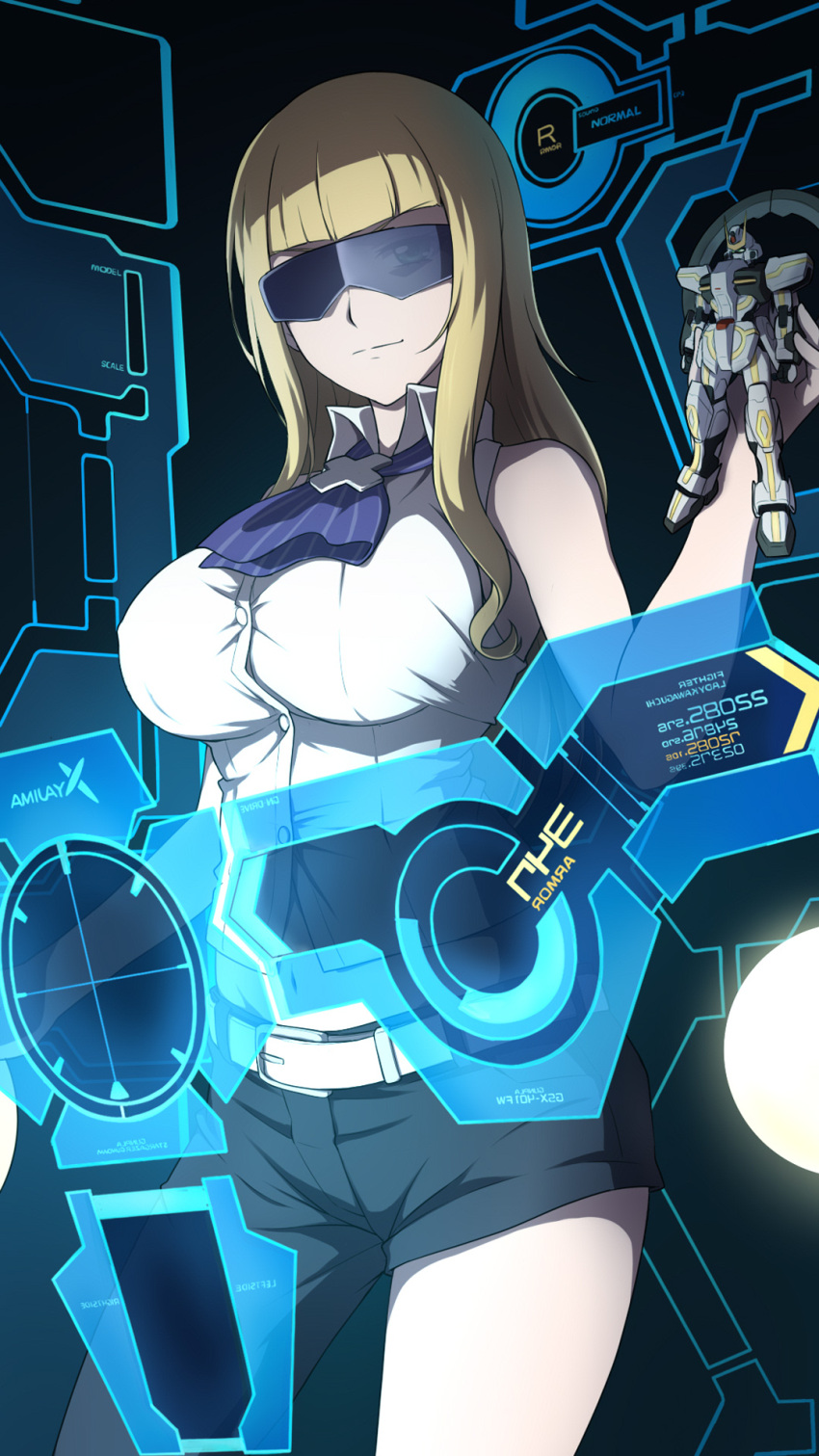 1girl, ascot, asymmetrical_clothes, bangs, bare_shoulders, belt, black_pants, blonde_hair, blue_neckwear, blunt_bangs, breasts, character_request, closed_mouth, collared_shirt, commentary_request, covered_nipples, cowboy_shot, green_eyes, groin, gundam, gundam_build_fighters, gundam_build_fighters_try, gunpla, heads-up_display, highres, holding, lady_kawaguchi, laofuzi_dai_bansho, large_breasts, long_hair, looking_at_viewer, midriff, navel, pants, shirt, sidelocks, single_pantsleg, sleeveless, sleeveless_shirt, solo, standing, sunglasses, white_belt, white_shirt