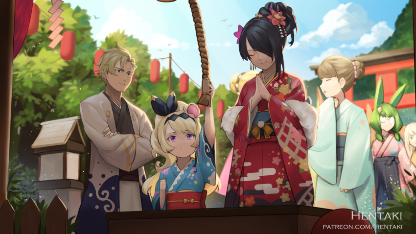 1boy, 6+girls, animal_ears, arm_up, artist_name, bangs, black_hair, black_kimono
