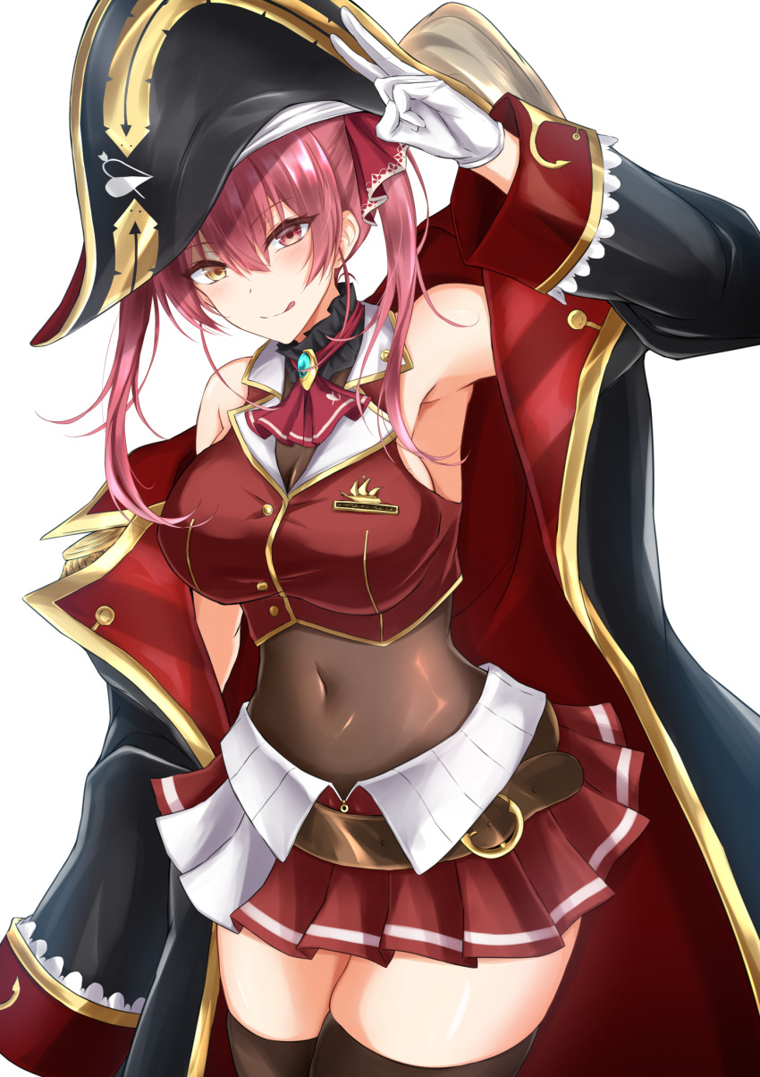 1girl, :q, arm_up, armpits, ascot, belt, bicorne, black_coat