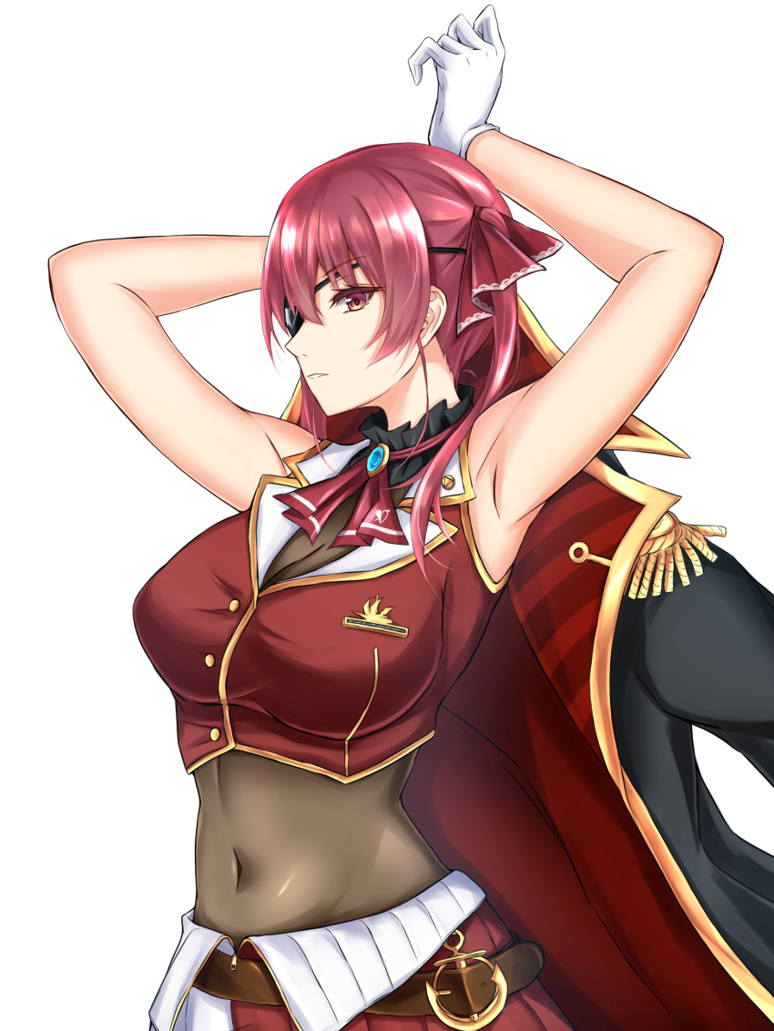 1girl, armpits, arms_up, bangs, bare_arms, bare_shoulders, breasts, brooch