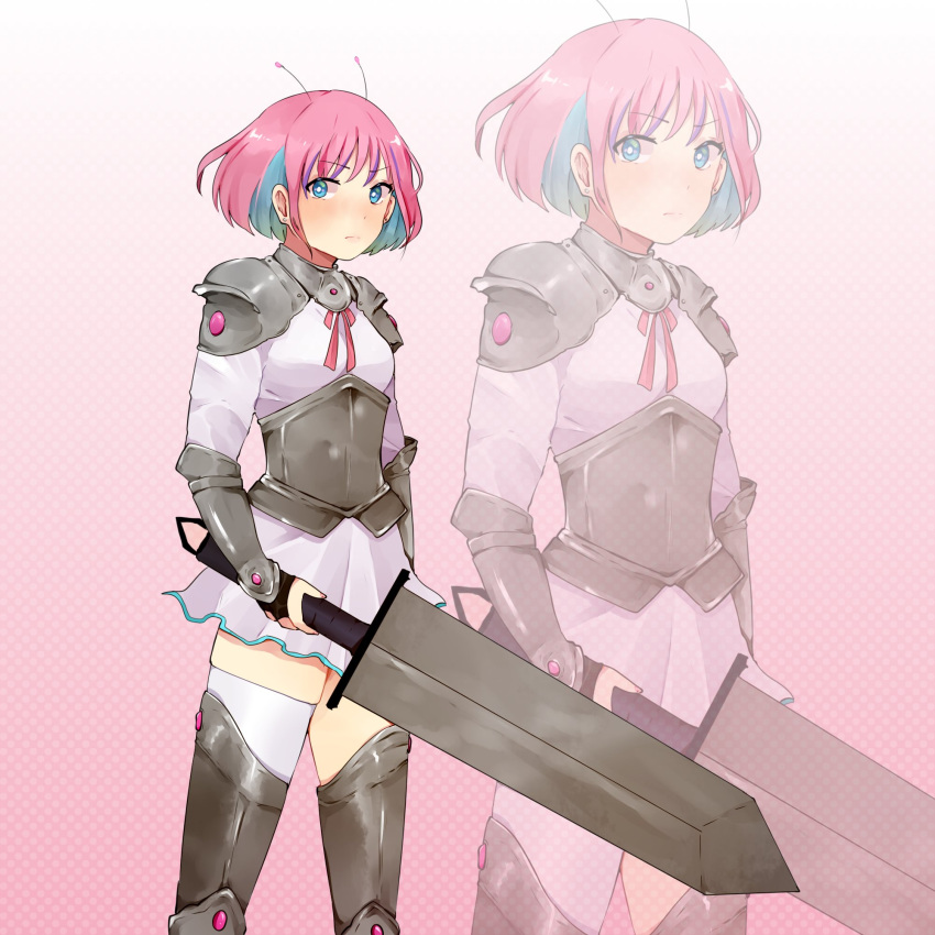 1girl, alternate_costume, antennae, armor, bangs, blue_eyes, blue_hair, bright_pupils