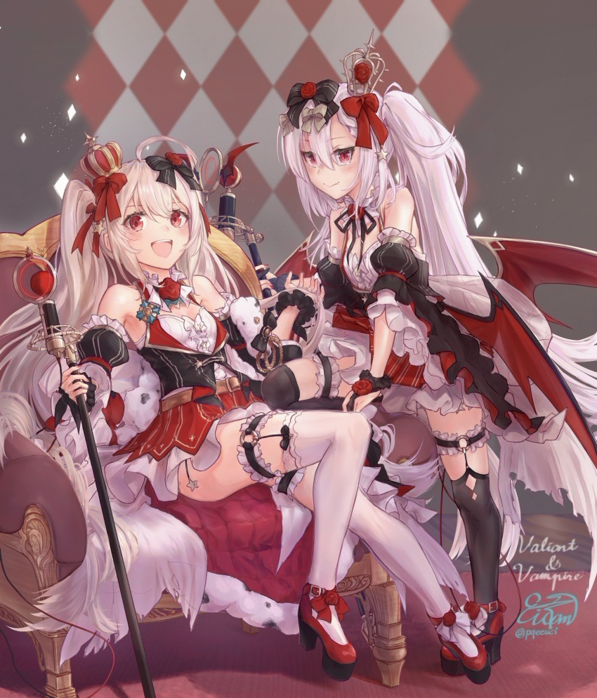 2girls, :d, ahoge, argyle, argyle_background, azur_lane, bangs, bare_shoulders