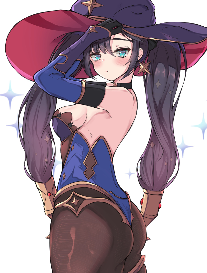 1girl, absurdres, aqua_eyes, ass, backless_leotard, bare_shoulders, black_legwear, blush