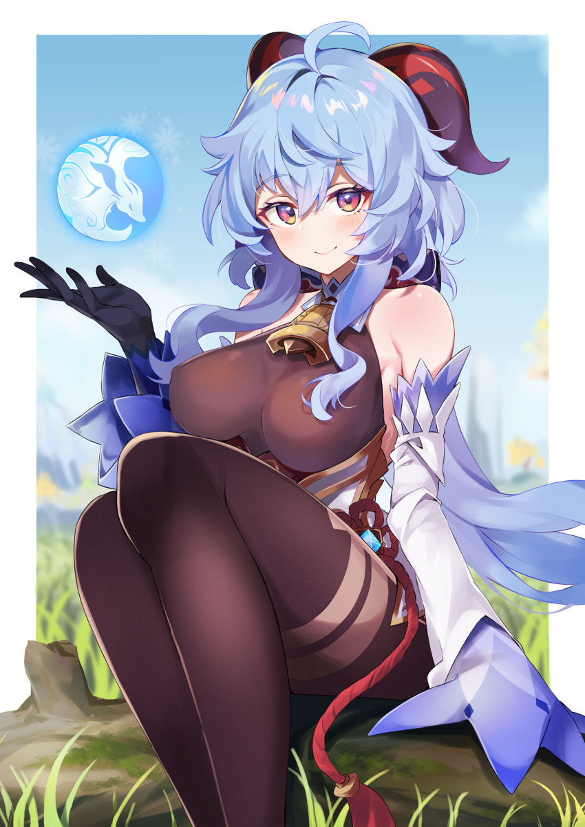 1girl, absurdres, ahoge, bare_shoulders, bell, black_legwear, blue_hair, blush