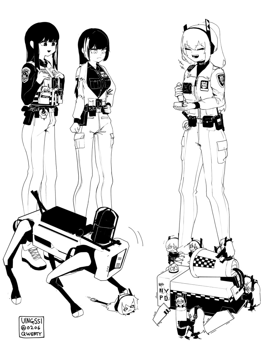 4girls, alternate_costume, bangs, breasts, commentary_request, cuffs, dongdong_(0206qwerty), eyebrows_visible_through_hair, full_body, girls_frontline, greyscale, gun, hair_between_eyes, handcuffs, headgear, highres, long_hair, m4_sopmod_ii_(girls_frontline), m4_sopmod_ii_jr, m4a1_(girls_frontline), monochrome, multicolored_hair, multiple_girls, new_york_city_police_department, pants, police, police_badge, police_uniform, policewoman, ro635_(girls_frontline), robot, sidelocks, streaked_hair, twitter_username, uniform, walkie-talkie, weapon
