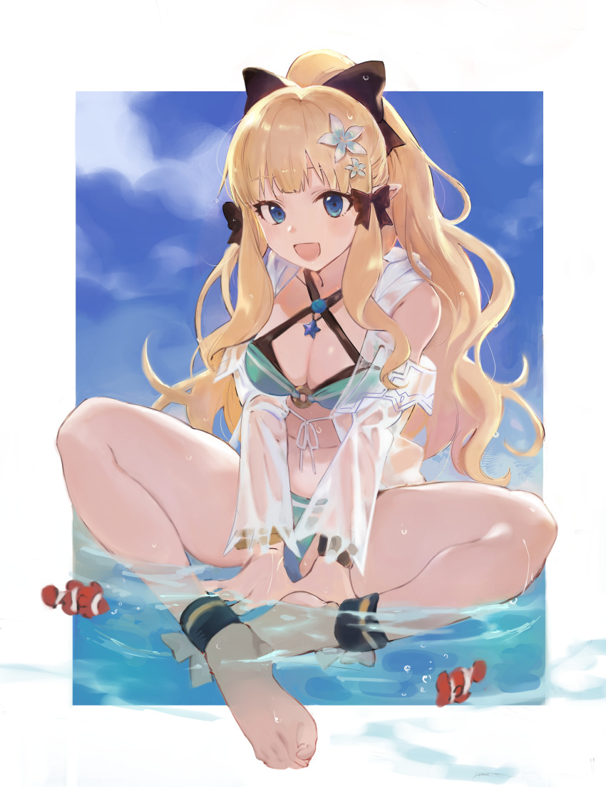 1girl, absurdres, bangs, bikini, black_bow, blonde_hair, blue_eyes, blush