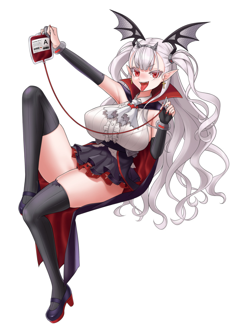 1girl, :p, absurdres, bangs, black_legwear, breasts, cross, cross_earrings