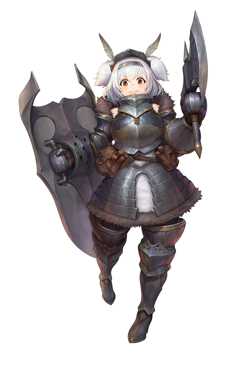 1girl, armor, armored_skirt, axe, bangs, breastplate, faulds, full_body