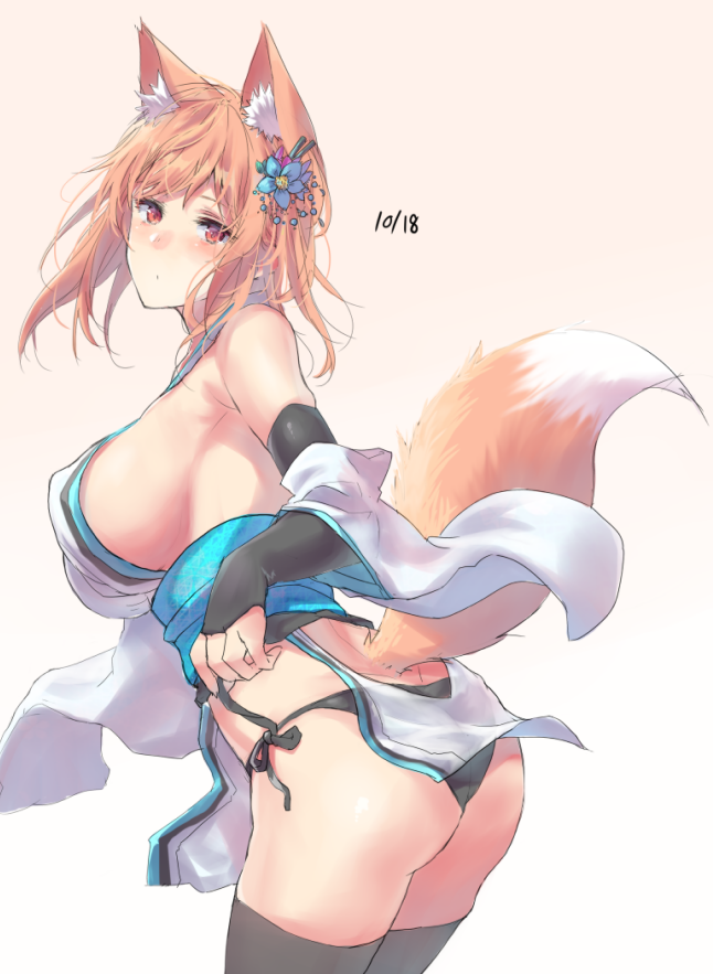 1girl, animal_ear_fluff, animal_ears, ass, back, bangs, bare_shoulders, beige_background